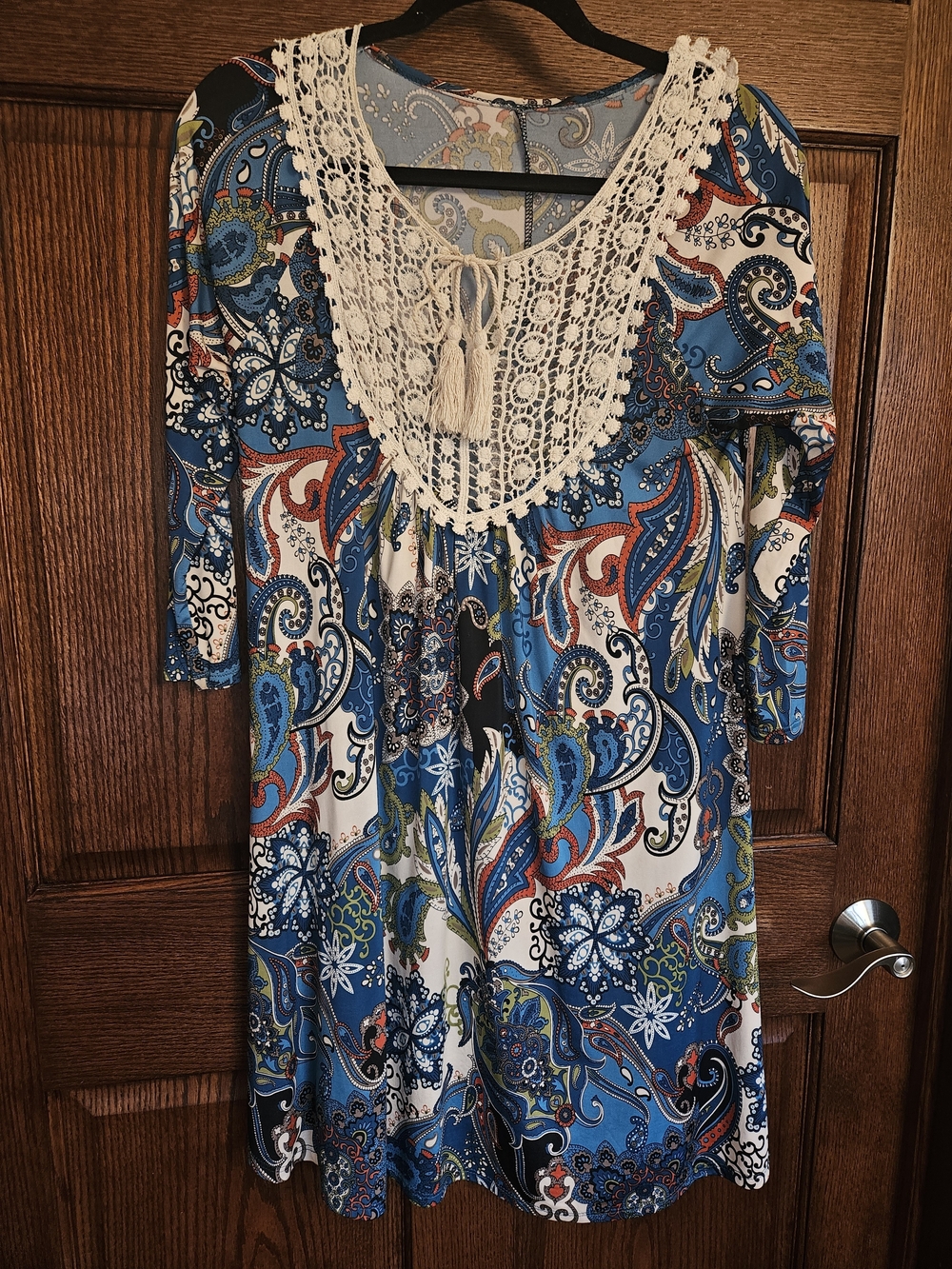 Paisley Lace-Trim Blue Boho Women’s Dress, Med/large